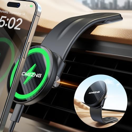 Revolutionary 15 W Mag Safe Car Charger for i Phone: 360° Adjustable Aluminum Alloy Holder with Magnetic Wireless Fast Charging, Universal Compatibility for All Vehicles, Carbon Fiber Finish for Durability and Style