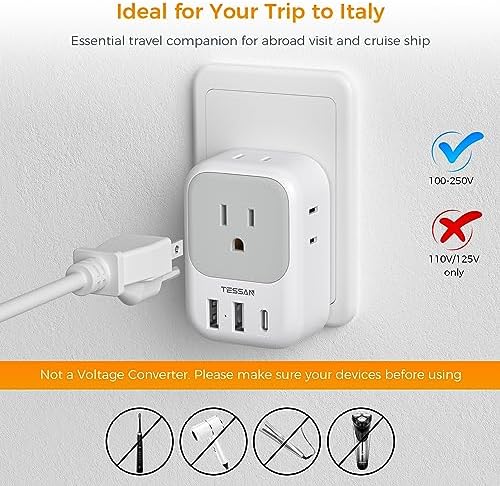 TESSAN Dual Pack European Travel Adapter with 4 AC Outlets and 3 High-Speed USB Ports – Ultimate International Power Converter for Seamless Device Charging in Italy, Spain, France, Portugal, Germany, and Iceland – Essential Travel Accessory for Modern Explorers