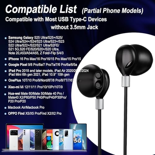 USB C Wired Earbuds for Google Pixel 9 Pro & Samsung Devices – Immersive Hi-Fi Bass Stereo Earphones with Noise Isolation & Built-in Mic for Enhanced Sound Clarity and Comfort – Durable, Lightweight Design Perfect for On-the-Go Listening