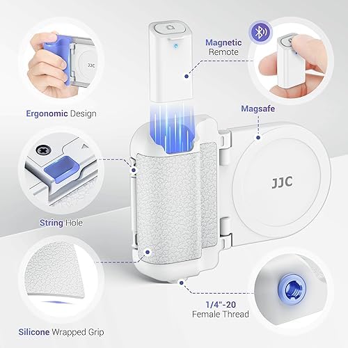Transform Your Smartphone Photography with the JJC Magnetic Camera Grip Handle – Lightweight Ergonomic Phone Accessory with Wireless Shutter Remote & Tripod Compatibility for i Phone and Android Users, Stylish White Finish for Enhanced Control and Effortless Shooting