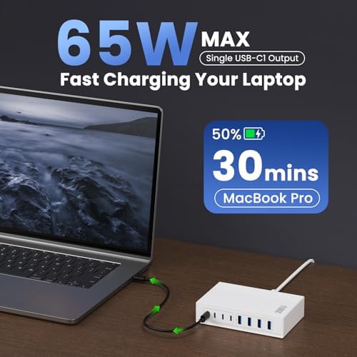 Revolutionize Your Charging Experience: 200 W Ga N III USB C Travel Charger Hub – 8-in-1 Multi-Device Fast Charging Station for Mac Book Pro, Dell XPS, i Phone 16/15/14 & Galaxy S24 – Compact, Lightweight Design with PD 65 W Power Delivery & Enhanced Compatibility – Stylish Purple Finish for Tech Enthusiasts