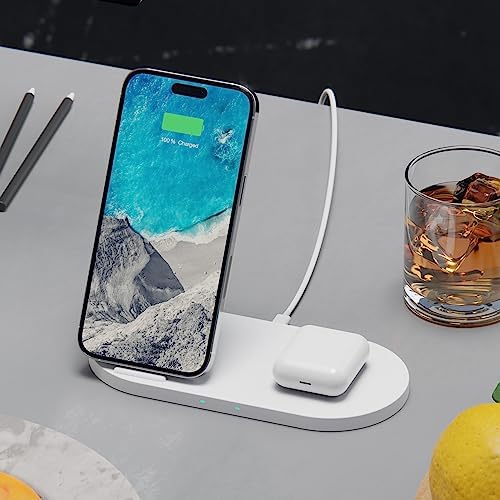 Novo Dual Wireless Charging Dock Station | Chic Linen Fabric Design | 15 W Fast Charge for i Phone 16/15/14/13/12/X & Samsung S23/S22/S21 | Seamless Device Compatibility & Space-Saving Elegance for Modern Workspaces