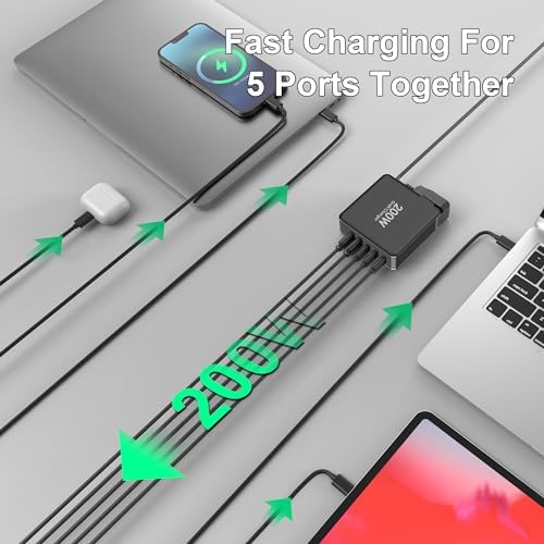 200 W Ga N USB-C Fast Charging Station with 5 Ports – PD100 W Compact Power Hub for i Phone 16/15, Mac Book Pro/Air, Galaxy S24/S23 – Advanced Safety Features & Wide Device Compatibility for Home, Travel, and Office Use