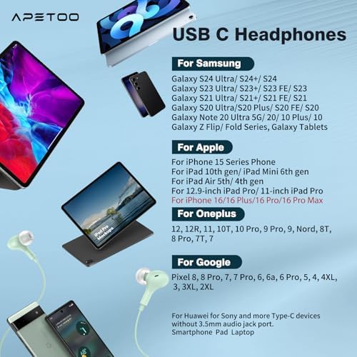 Magnetic USB C Earbuds for Samsung Galaxy S24 Ultra, S23 FE, S22, S21, A54, A53 & i Phone 16, 15 Pro Max – Noise Isolating Wired Headphones with Microphone and Volume Control for Enhanced Audio Experience – Perfect for Music Lovers and Professionals