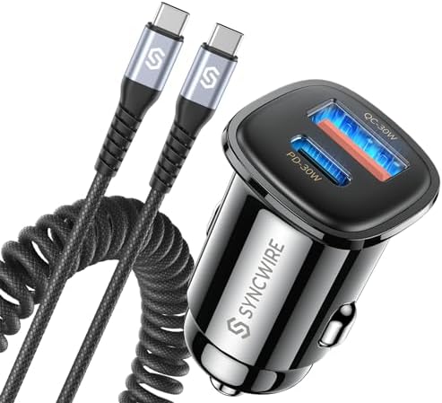 Syncwire 60 W USB C Car Charger with PD & QC Fast Charging – Ultimate Compatibility for i Phone 16, Galaxy S23/S22, Google Pixel 7/7 Pro – Includes 5 FT Coiled Type C Cable for Maximum Convenience – Compact Design with Safety Features for Reliable Power on the Go
