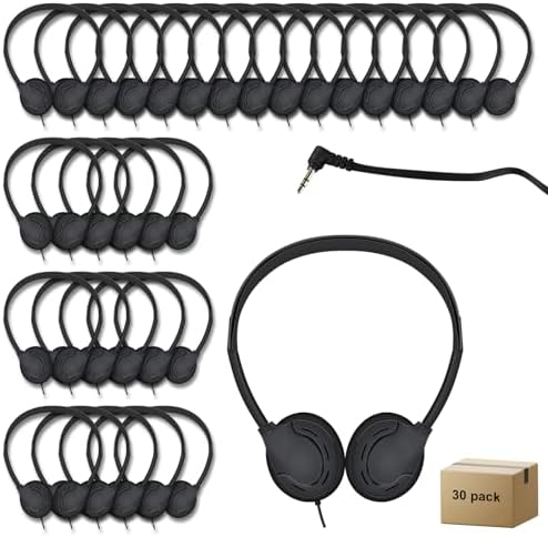30 Pack Premium Adjustable School Headphones – Durable 3.5 mm Earphones for Enhanced Classroom and Library Audio, Comfortable Fit for Kids and Adults, Ideal for Focused Learning Environments