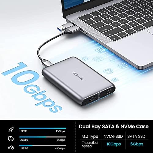 Dual-Bay M.2 SSD Enclosure for High-Speed Data Transfer – 10 Gbps NVMe & 6 Gbps SATA Compatibility, Tool-Free Aluminum Caddy for 2280/2260/2242/2230 SSDs, UASP Support, Sleek Grey Design – Perfect Solution for Professionals and Tech Enthusiasts
