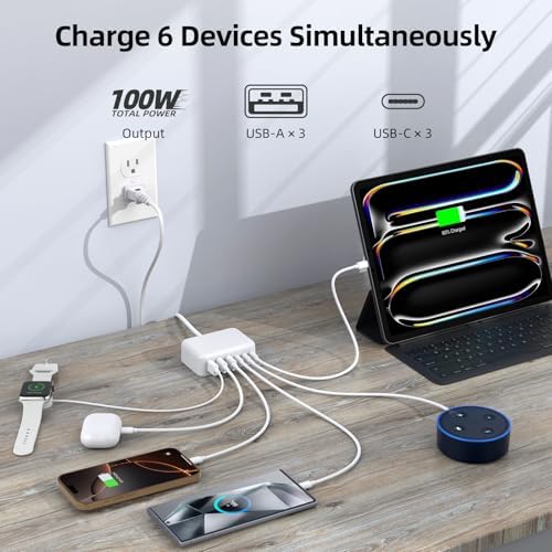 Ultimate 125 W USB-C Multi-Device Charging Station: 6-Port Fast Charger with Ga N Technology for i Phone, i Pad, Apple Watch, Galaxy S23 & More – Compact Power Hub for Home & Office Efficiency