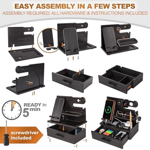 TESLYAR Wood Phone Docking Station with Drawer – Nightstand Organizer – Desk Organizer for Husband – Birthday Gifts for Men, Dad, Anniversary Idea, Key Holder Stand Watch & Accessories (Bourbon Brown) – Enhanced Compatibility and Speed