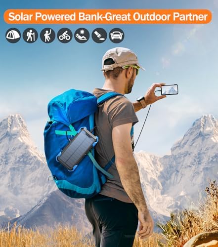 GOODaaa 42800 m Ah Portable Solar Power Bank with Built-in Cables and 15 W Fast Charging – Multi-Device Outdoor Charger with 5 Outputs, 3 Inputs, Emergency Flashlight and Durable Carabiner for Ultimate Convenience and Reliability