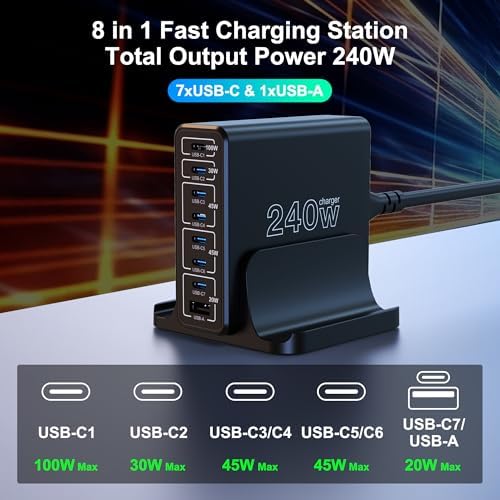 URVNS 240 W USB-C Multiport Charger: Compact 8-Port Fast Charging Station with Ga N Technology for Laptops, i Phones, and More – Universal Compatibility and Enhanced Power Delivery for On-the-Go Users