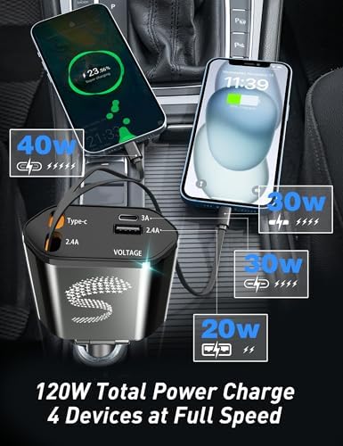 Innovative Retractable Car Charger with USB-C Fast Charging 120 W and Aromatherapy Starlight – Ultimate Travel Companion for i Phone 16 to 11, Stylish Cigarette Lighter Adapter for Men and Women – Perfect Gift for Road Trips and Daily Commutes with Enhanced Compatibility and Efficiency
