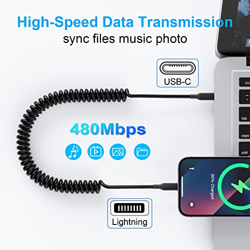 Revolutionary Coiled USB-C to Lightning Charging Cable for i Phone & i Pad – MFi Certified, Apple Car Play Compatible, Retractable Design for Effortless Data Sync & Fast Charging, Ideal for On-the-Go Convenience and Tangle-Free Organization