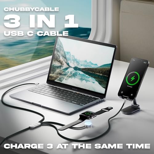 Ultimate Chubbycable Tri-Flex 3-in-1 USB-C Charger – 100 W Rapid Charging Solution for i Phone 16/15, Apple Watch, i Pad, and Galaxy Devices – 4.1 FT Durable Silicone Cable for Enhanced Portability and Versatile Compatibility