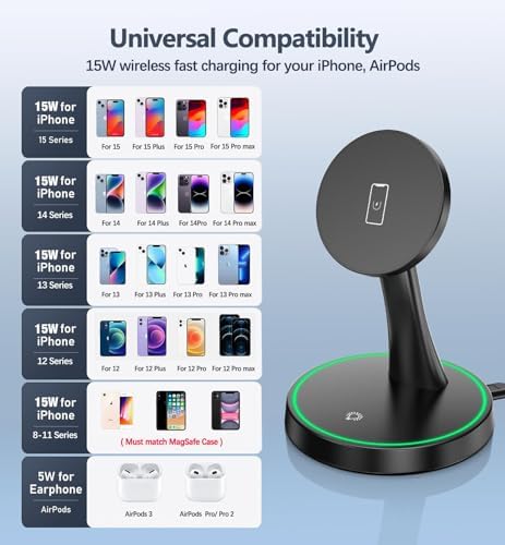 Efficient Magnetic Wireless Charging Stand – 15 W Fast Mag Safe Charger for i Phone 16 Series & Earlier, Sleep-Friendly Indicator Light, Sleek Design, Enhanced Compatibility & Quick Charge for Air Pods – Ultimate Cordless Convenience