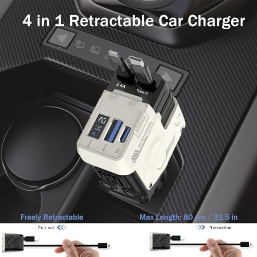 4-in-1 Retractable Car Charger with 66 W Fast Charging – Dual Retractable Cables & USB-C/USB-A Ports for i Phone 16/15/14/13/12/11, Samsung Galaxy, Pixel – Sleek White Design for Ultimate Travel Convenience and Device Compatibility