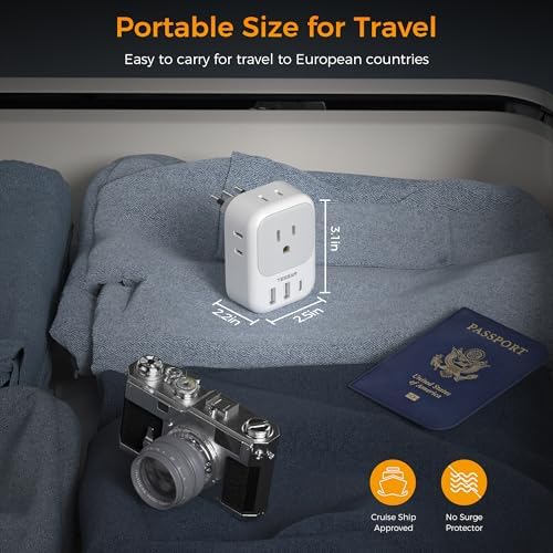 Ultimate European Travel Power Adapter: 4 AC Outlets & 3 Fast Charge USB Ports (1 USB-C PD 20 W) – Compact, Foldable Design for Effortless Connectivity in Spain, France, Germany, Italy, Portugal & Iceland – Versatile Compatibility for All Your Devices