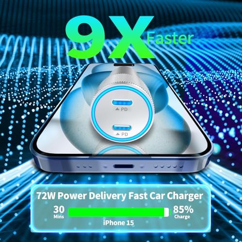 BAOYUANDA 72 W Dual Port USB-C Car Charger for i Phone 16 Series – MFi Certified Fast Charging Solution with 2 Durable Type C Cables for i Pad Pro, Android & More – Ultimate Compatibility for On-the-Go Power Management