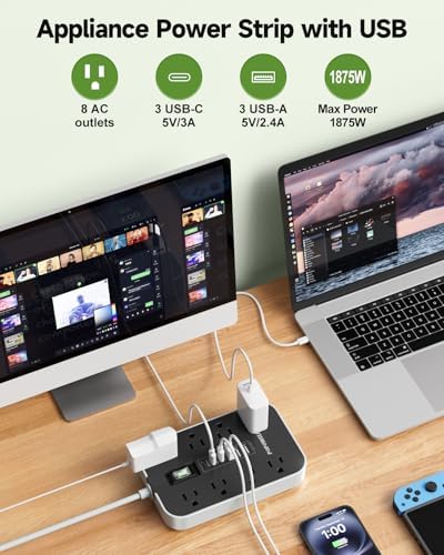 Heavy-Duty Appliance Power Strip with 14-Gauge Extension Cord – 24-Inch Multi-Outlet Surge Protector Featuring 8 AC Outlets & 6 USB Ports (4.8 A) for Fast Charging – 1080 J Protection for High-Wattage Devices in Kitchen, Garage & Workshop