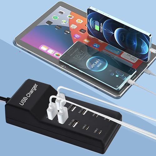 50 W 10-Port USB Charging Hub – High-Speed Multi-Device Power Station with 6 USB-A & 4 USB-C Ports – Ideal for i Phone 15/14/13/12/11, Tablets, and More – Sleek White Design with Enhanced Safety Features for Efficient Home and Office Charging Solutions
