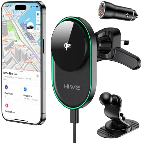 Revolutionary Hi We Mag Safe Car Mount Charger with Built-in Find My Feature, Qi2-Certified 15 W Fast Charging for i Phone 12/13/14/15/16 Series – Secure Magnetic Wireless Solution for Air Vent & Dashboard Use, Sleek Black Finish for Enhanced Vehicle Aesthetics