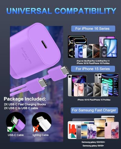 30 W Ultra-Fast USB C Wall Charger with 10 FT Cable in Stylish Purple Gradient | Rapid Charging Solution for Phone 15 Series & S24 Ultra Plus | Compact & Versatile Power Adapter for Modern Devices