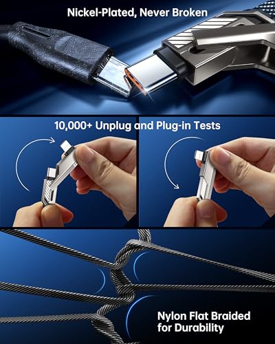 SHEZI 4-in-1 Fast Charging USB C Cable – 60 W Power Delivery with Lightning, USB C, and USB A Ports – 5 FT Durable Flat Nylon Braided Cord – Stylish Pink Design for i Phone, i Pad, and More – High-Speed 480 Mbps Data Transfer Solution for All Your Devices