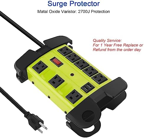 Industrial Heavy Duty Power Strip with 8 Outlets & USB Ports – 2700 Joules Surge Protector for Workshop & Garage – 15 Amp Metal Power Strip with 6 FT Extension Cord for Enhanced Device Compatibility & Fast Charging