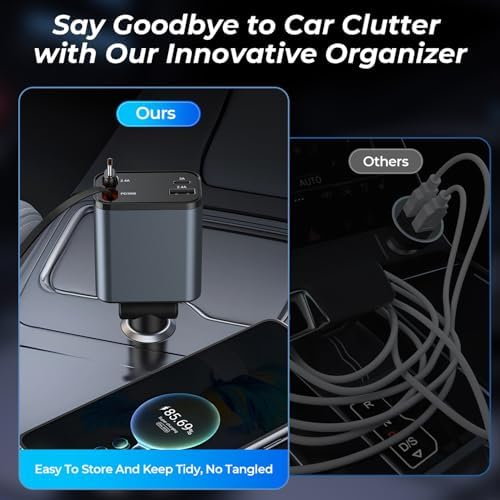Dual-Port Retractable 4-in-1 Car Charger Set – Fast Charge i Phone and USB-C Devices with 2.6 ft Cords – Essential Gray Adapter for Men and Women – Perfect Travel Companion and Gift for Efficient Charging on the Go