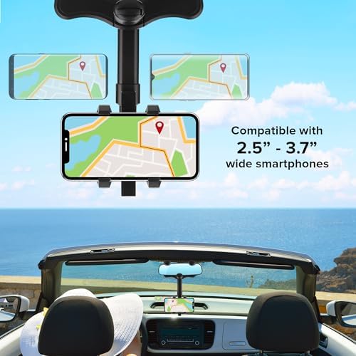 Armor All Phone Mount for Car, Rear View Mirror Phone Holder, 360° Rotatable, Adjustable Telescopic Arm, Car Phone Holder for iPhone, Samsung, & All Cell Phones Between 2.5” in – 3.7” in. Wide – Enhanced Compatibility and Speed