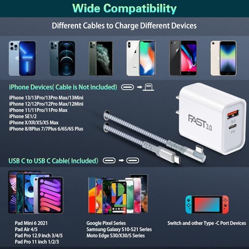 Dual Port Fast Charging Wall Adapter with 10 FT Right-Angle USB C Cable – 20 W USB-C Power Block for i Phone 16/15, Samsung Galaxy S25 Ultra, S24, S23, S10 – Efficient Charging Convenience for Home, Office, and Travel