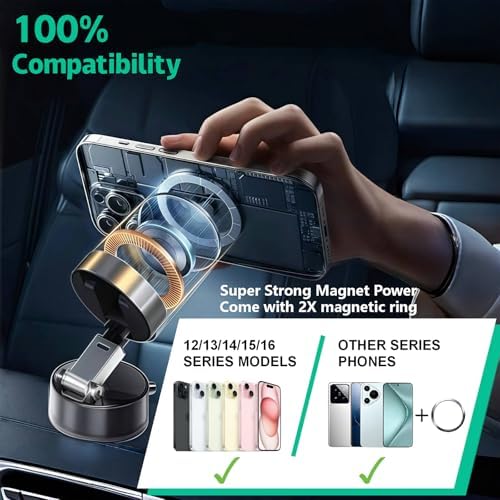 Vacuum Suction Magnetic Phone Holder, Rotatable Magnetic Suction Cup Phone Mount, for Car/Mirror/Smooth Surface, Foldable and Retractable, for All Phones – Enhanced Compatibility and Speed