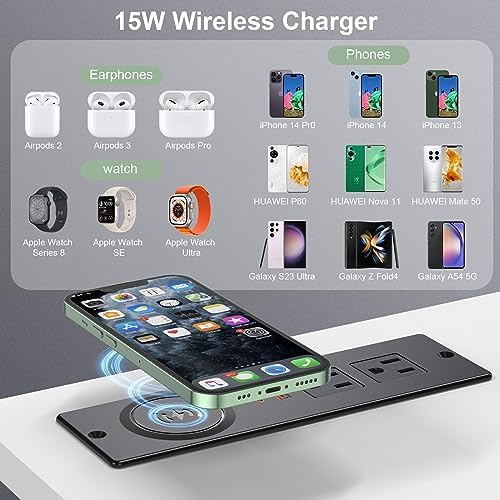 Haiaoyyds Innovative Recessed Power Strip with 15 W Wireless Charging Station – Sleek Flush Mount Design Featuring 2 AC Outlets, 2 USB Ports, and 6.56 FT Flat Plug Cable for Effortless Connectivity in Drawers, End Tables, Sofas, and Cabinets – Ultimate Solution for Clutter-Free Charging and Enhanced Device Accessibility