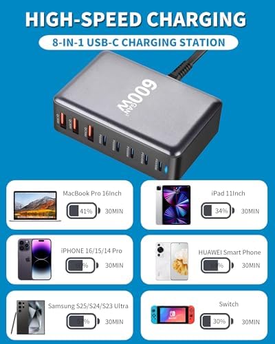 Power Up Efficiently: 600 W USB-C Multi-Device Fast Charging Station with 8 Ports – Ga N III Technology for Rapid Output, 140 W PD3.0 & PPS Compatibility with Mac Book Pro/Air, i Pad, i Phone 16/15/14/13 – Ideal for Home, Office & Travel