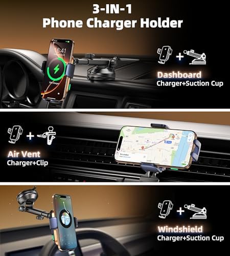 Revolutionary 15 W Dual Coil Wireless Car Charger & Auto-Clamping Phone Holder for Samsung Galaxy and i Phone Series – Effortless One-Handed Operation & Enhanced Compatibility for Safe, Fast Charging on Dash, Vent, or Windshield