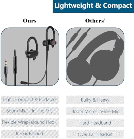 Wired 3.5 mm In-Ear Earbuds with Boom Mic – Ultimate Gaming Headset for Xbox, PS5, and Mobile Devices | Lightweight Design with Secure Wrap-around Hooks for Extended Comfort and Enhanced Audio Performance | Perfect for Gamers and Music Lovers | Exceptional Compatibility and Speed