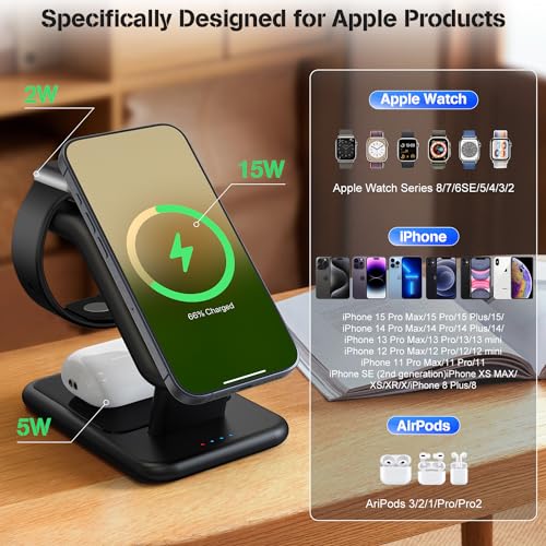 TUMABER 3-in-1 Wireless Charging Station for Apple Devices – Fast Charging Stand for i Phone 15/14/13/12/11, Apple Watch, and Air Pods – Clutter-Free Desk Solution with 25 W USB-C Charger Included – Sleek Office Accessory for Enhanced Device Management