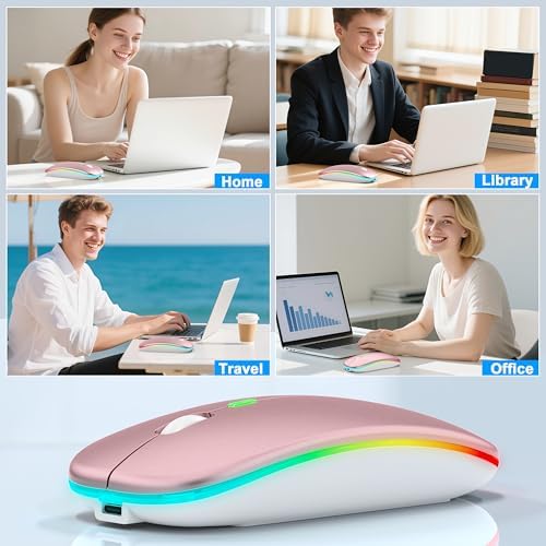 Sleek LED Bluetooth Wireless Mouse for Mac & PC – Rechargeable, RGB Light-Up Design with Dual Connectivity (BT5.2 + 2.4 G USB) – Slim, Portable Mouse with Jiggler Function for Work & Play – Enhanced Performance & Style in White