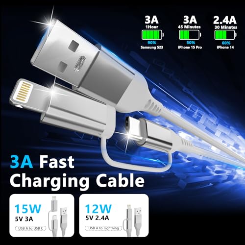 Coiled USB to USB-C and Lightning Cable 2-in-1 – MFi Certified for Apple Car Play & Android Auto, 3 A Fast Charging & Data Sync, Compact Short Cable for i Phone 16/15/14/13/12 & Galaxy – Superior Versatility & Durability in White