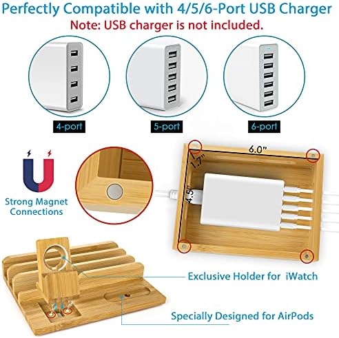 Eco-Friendly Bamboo Multi-Device Charging Station – Sleek USB Dock with 5 High-Quality Cables for Smartphones, Smartwatches & Tablets – Chic Organizer for Home & Office Efficiency