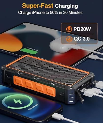 Ultimate MQOUNY 36,000 m Ah Solar Power Bank with Hand Crank & Fast Wireless Charging – Portable Outdoor Battery Pack with 6 Outputs, 4 Inputs, Flashlight & Compass for Adventurers and Emergency Preparedness