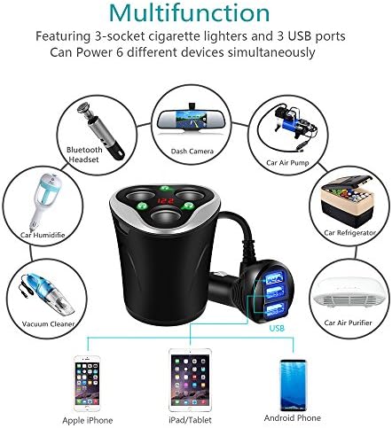 Skyocean Premium 3-Socket Car Cigarette Lighter Splitter & 3 USB Fast Charging Hub | 120 W Dual Voltage DC Power Adapter with Integrated Volt Meter & Energy-Saving On/Off Switch | Perfect for Powering Smartphones, GPS, Dash Cameras & More During Road Trips and Daily Drives