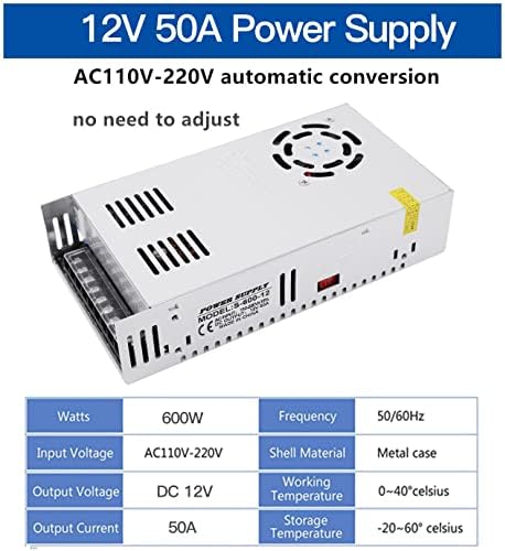 Ultra-Reliable 600 W DC 12 V 50 A Power Supply Adapter – Versatile AC 110/220 V to DC Converter for Seamless LED Lighting, Advanced CCTV Systems, High-Performance 3 D Printers, and Diverse Electronics – Enhanced Efficiency and Safety Features for Optimal Performance