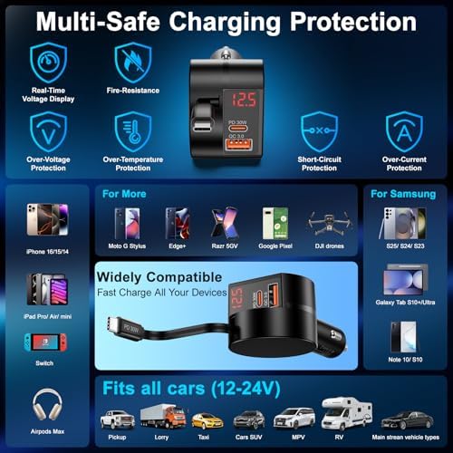 Dual-Port Retractable Car Charger Bundle – 3-in-1 Fast Charging Solution for i Phone 16/15 Pro Max, Samsung Galaxy, i Pad, and Pixel – Tangle-Free USB-C and USB-A Adapter for Ultimate Convenience on the Road