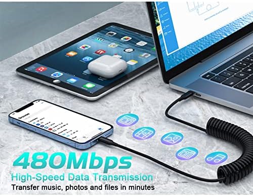 Retractable USB-C to Lightning Charging Cable – MFi Certified Coiled Charger for i Phone 14, 13, 12, 11 Pro Max, XR, XS, X, 8, 7, 6 Plus, 5, SE – Fast Charging, Tangle-Free Design for Ultimate Portability and Efficiency