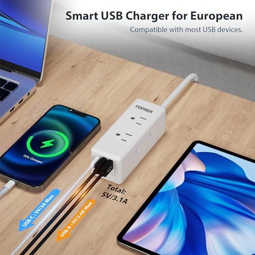 Universal European Travel Plug Adapter with USB-C – TOPREK 9-in-1 Power Strip for US to Europe with 6 Outlets & 3 USB Ports, 3 FT Extension Cord for Seamless Charging in Germany, France, Spain, Greece, and More – Ideal for Hotel and Airport Use