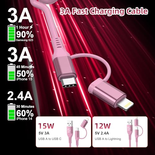 Revolutionary 2-in-1 Coiled USB to USB-C & Lightning Cable – MFi Certified for Fast Charging & Data Sync – Compatible with Apple Carplay & Android Auto – Stylish Pink Design for i Phone 16/15/14/13 & Android Devices – Tangle-Free Convenience for Modern Users