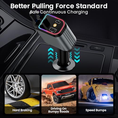 Innovative 66 W Retractable Car Charger Adapter with Ambient Starlight – 4-in-1 Fast Charging USB C Hub for i Phone 16/15/14/13/12/11, Galaxy, and Pixel Devices – Dual Retractable Cables for Effortless Multi-Device Charging and Clutter-Free Travel
