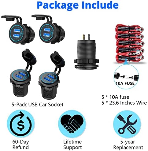 Maximize Your Charging Potential with the Qidoe 5-Pack Quick Charge 3.0 Dual USB Power Outlet – Waterproof Touch Switch Fast Charger for 12 V-24 V Vehicles, RVs, Boats, and Motorcycles – Unmatched Compatibility and Speed in a Cost-Effective Bundle