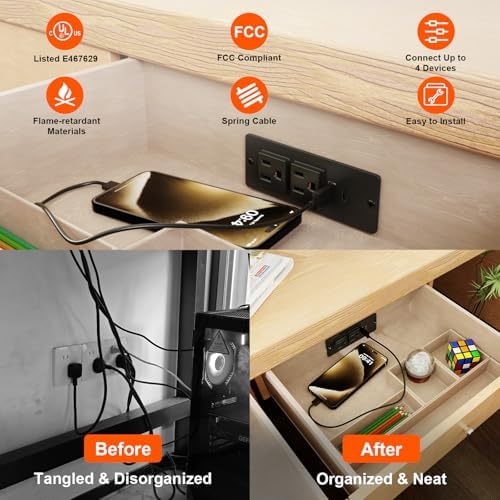 Recessed Drawer Power Strip Kit: Clutter-Free Charging Solution with PD 20 W Fast Charge, Dual USB Ports (Type A & C), and Dual 12 Amp AC Outlets – 7.2 FT Cord for Flexible Setup and Enhanced Workspace Efficiency